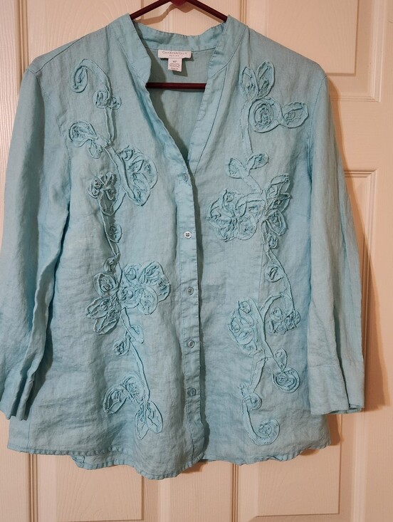 Charter Club Tops - Charter Club 100% Linen Embroidered Floral Button-Up V-Neck Blouse 16P Blue READ